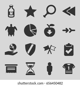 Button icons set. set of 16 button filled icons such as hourglass, milk, play back, cd on hand, pie chart, flag, turtle  illsutration, arrow, star, apple download, document