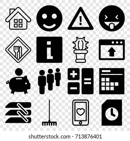 Button icons set. set of 16 button filled and outline icons such as showing tongue emot, rake, warning, calendar, blinds, group, heart mobile, cactus, restaurant, smile