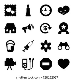 Button icons set. set of 16 button filled icons such as flower, cream tube, bucket, photo with heart, heart, binoculars, injection, camera, house building, dollar, clock