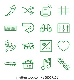 Button icons set. set of 16 button outline icons such as house building, truck, caterpillar, heart, binoculars, satellite, sliders, shuffle, light exposure, grid, printer