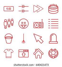 Button icons set. set of 16 button outline icons such as bucket, rake, fast forward, radio, menu, home, siren, t-shirt, arrow, digital clock, showing tongue emot, cake