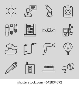Button icons set. set of 16 button outline icons such as sun, cloudy weather, hair dryer, pen, nail gun, man with chat bubblle, mp3 player, music note, arrow up, intercom