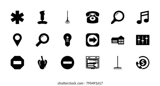 Button icons. set of 18 editable filled button icons: pepper, location, school, joystick, rake, keyhole, search, sliders, minus, desk phone, camera, arrow right, note