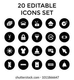 Button icons. set of 20 editable filled button icons such as scorpion, castle, shirt, lock, car, pointer, ruler, 24 support. best quality button elements in trendy style.