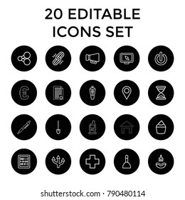 Button icons. set of 20 editable outline button icons such as shower, spa bag, hourglass, abacus, location, share, chain, muffin. best quality button elements in trendy style.