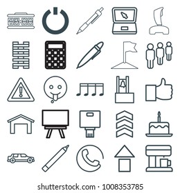Button icons. set of 25 editable outline button icons such as switch off, call, garage, cake with one candle, pen, like, emoji showing tongue, domino, arrow up, warning, group