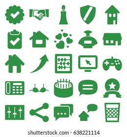 Button icons set. set of 25 button filled icons such as perfume, cream tube, bra, abacus, desk phone, cake, heart, sliders, trash bin, chat, home, house building, home message