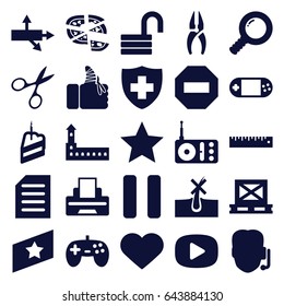 Button icons set. set of 25 button filled icons such as castle, no hair in skin, manicure scissors, opened lock, nippers, pizza, medical sign, cargo on palette, radio