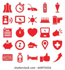 Button icons set. set of 25 button filled icons such as sun, flag, lawn mower, bed, medical sign, milk, stopwatch, location, heart, slider, laptop, paper pin, camera tape