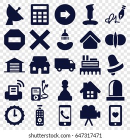 Button icons set. set of 25 button filled icons such as arrow right, house building, castle, shower, bell, heart mobile, satellite, mp3 player, ink pen, camera, garage, siren