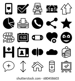 Button icons set. set of 25 button filled and outline icons such as house, add favorite, heart mobile, portable console, share, hospital, pie chart, smiley, cloud, intercom