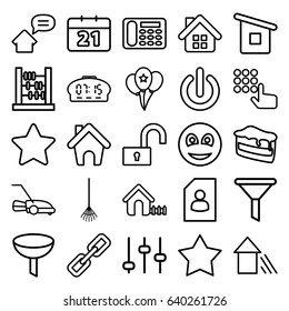 Button icons set. set of 25 button outline icons such as house, desk phone, piece of cake, rake, lawn mower, star, balloon, arrow up, home, house builidng