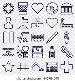Button icons set. set of 25 button outline icons such as castle, house, no hair in skin, flag, pen, sun, milk, love word, remote control, heart, medical cross, pause, laptop
