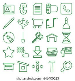 Button icons set. set of 25 button outline icons such as garage, manicure scissors, spa bag, hourglass, man move, pen, shovel, camera, censored, music note, download, call