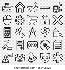 Button icons set. set of 25 button outline icons such as house building, castle, desk phone, bell, document, medical sign, stopwatch, lock, man with chat bubblle, bucket