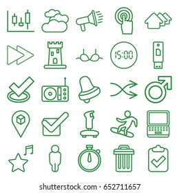 Button icons set. set of 25 button outline icons such as cloudy weather, castle, house, male, bell, bra, location, touchscreen, fast forward, radio, favorite music, shuffle