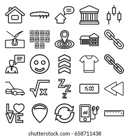 Button icons set. set of 25 button outline icons such as shave hair in skin, map location, caterpillar, lawn mower, love word, man with chat bubblle, chain, mp3 player