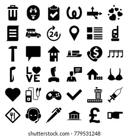 Button icons. set of 36 editable filled button icons such as 24 hours, baby monitor phone, house, pointing, menu, arrow, heart, bank support, pound, clipboard with tick