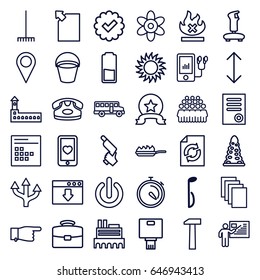 Button icons set. set of 36 button outline icons such as bucket, castle, tunnel, flower, desk phone, document, pointing, paper, reload, group, nail gun, rake, sun, no fire