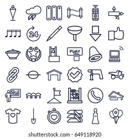 Button icons set. set of 36 button outline icons such as 24 hours, thunder, garage, cream tube, finger pressing play button, flag, nail gun, pen, truck, shovel, stopwatch