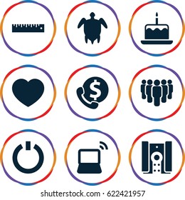 Button icons set. set of 9 button filled icons such as cake with one candle, heart, laptop, ruler, camera, switch off, turtle  illsutration, group