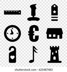 Button icons set. set of 9 button filled icons such as castle, heart tag, music note, ruler, house building, clock, rank, joystick