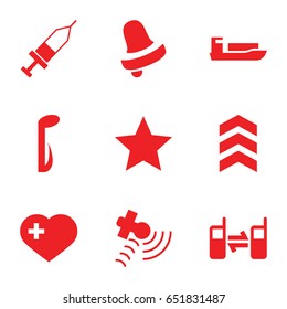 Button icons set. set of 9 button filled icons such as bell, heart with cross, satellite, connected phone, injection, music note, arrow, star