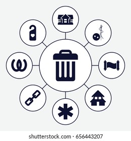 Button icons set. set of 9 button filled icons such as house, needle button, medical sign, heart tag, house building, trash bin, manuscript, omega