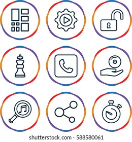 button icons set. Set of 9 button outline icons such as opened lock, share, serach music, play in gear, CD on hand, call, stopwatch, grid
