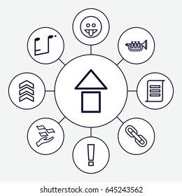 Button icons set. set of 9 button outline icons such as money on hand, music note, trumpet, arrow, chain, showing tongue emot, arrow up, document