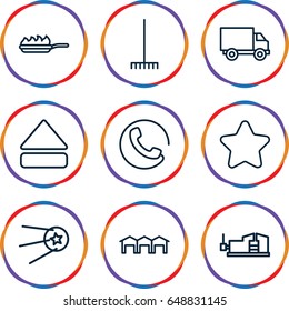 Button icons set. set of 9 button outline icons such as call, star, vice clamp, rake, eject button, garage, pan-fry