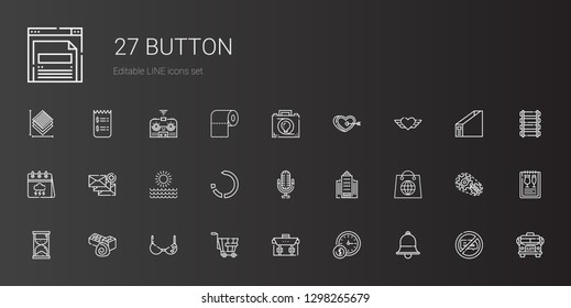 button icons set. Collection of button with bell, wall clock, briefcase, trolley, bra, chocolate, hourglass, shopping, office building, microphone. Editable and scalable button icons.