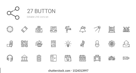 button icons set. Collection of button with briefcase, calendar, folder, battery, museum, headphones, padlock, wooden, idea, smartphone, trumpet. Editable and scalable button icons.