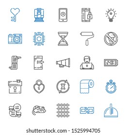 button icons set. Collection of button with comb, link, abacus, mouse, chat, stopwatch, toilet paper, hourglass, padlock, house, battery, user. Editable and scalable button icons.