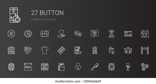 button icons set. Collection of button with cpu, pen, padlock, folder, load time, browser, heliport, bucket, clock, online shopping, chocolate. Editable and scalable button icons.
