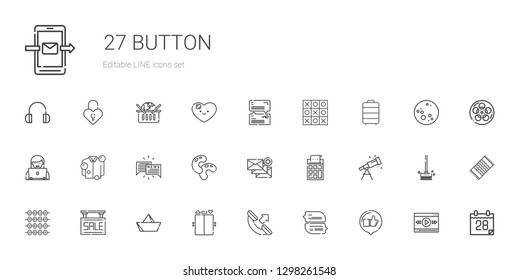 button icons set. Collection of button with like, chat, phone call, elevator, paper boat, sale, abacus, telescope, calculator, email, beans. Editable and scalable button icons.