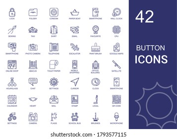 button icons set. Collection of button with lock, folder, condom, paper boat, smartphone, wall clock, sewing, taxi, shirt, email, favourite. Editable and scalable button icons.