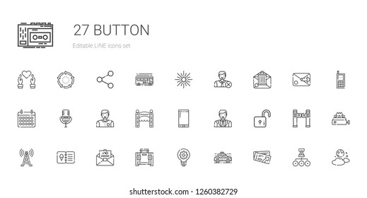 button icons set. Collection of button with ticket, taxi, idea, briefcase, mail, menu, signal tower, lock, man, smartphone, entrance, microphone. Editable and scalable button icons.