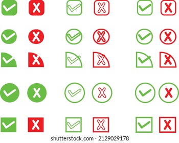 Iconos de botón para las marcas de graduación y las señales cruzadas, marca de verificación. Aceptado Rechazado, Aprobado Desaprobado, Sí No, Correcto Equivocado, Verde Rojo, Correcto Falso, OK No Ok. Los vectores marcan símbolos web en verde y rojo. plantilla.