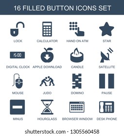 button icons. Trendy 16 button icons. Contain icons such as lock, calculator, hand on atm, star, digital clock, apple download, candle, satellite. button icon for web and mobile.