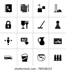 Button icons. vector collection filled button icons. includes symbols such as jug, fence, adress book, rake, bucket, vacuum cleaner. use for web, mobile and ui design.