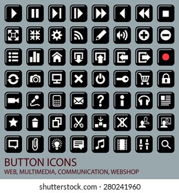 Button icons. Web, audio, video, multimedia, communication, web shop. Vector graphic, separated background.