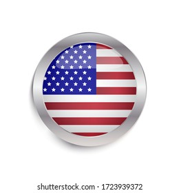 Button with the image of the USA flag in a steel stroke on a white background. Vector illustration. Stock Photo.