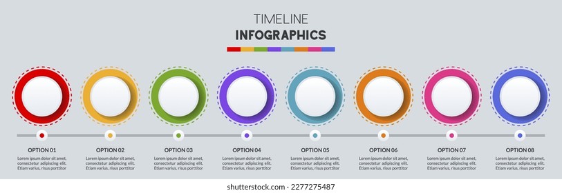 Button Infografik Design Vorlage und Symbole mit 8 Optionen oder 8 Schritten. Verwendung als Workflow-Prozessdiagramm, Geschäftsdatendarstellung, Zeitplanlayout, Meilenstein, Banner, Broschüre, Flussdiagramm