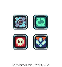 Button, interface, pixel art icons, play, option, retro 80s console gaming app, video game assets, flat style, 8-bit sprite, vector illustration.