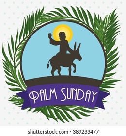 Button with Jesus riding a donkey for triumphal entry into Jerusalem with branches of palm around in the Palm Sunday holiday.