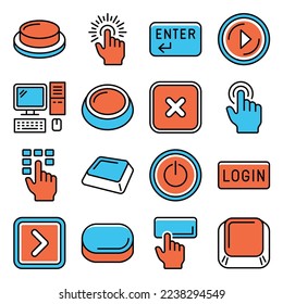 Button and Key Icons Set on White Background. Line Style Vector