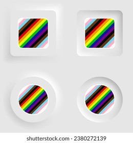 Button mit LGBTQ inklusive Stolperflagge. Perfektes Element auch für Pride Month Events. Konzept der Toleranz und Freiheit.