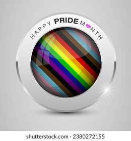 Button with LGBTQ inclusive pride flag. Perfect element also for Pride Month events. Tolerance and freedom concept.