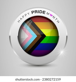 Button with LGBTQ inclusive pride flag. Perfect element also for Pride Month events. Tolerance and freedom concept.